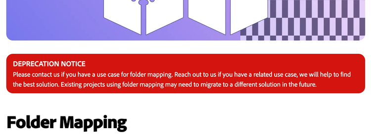 Screenshot of Edge Delivery's Folder Mapping feature deprecation